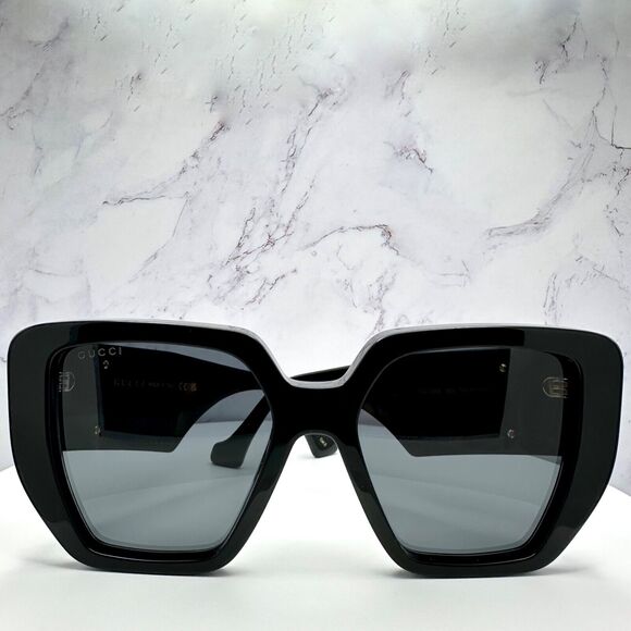 New GUCCI Sunglasses Black Gold Square Interlocking GG Metal Logo Oversized